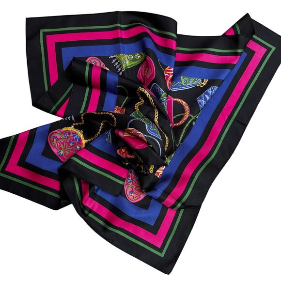 Vintage Talbots pure silk scarf black & gem tones large square handbags motif - Picture 5 of 10